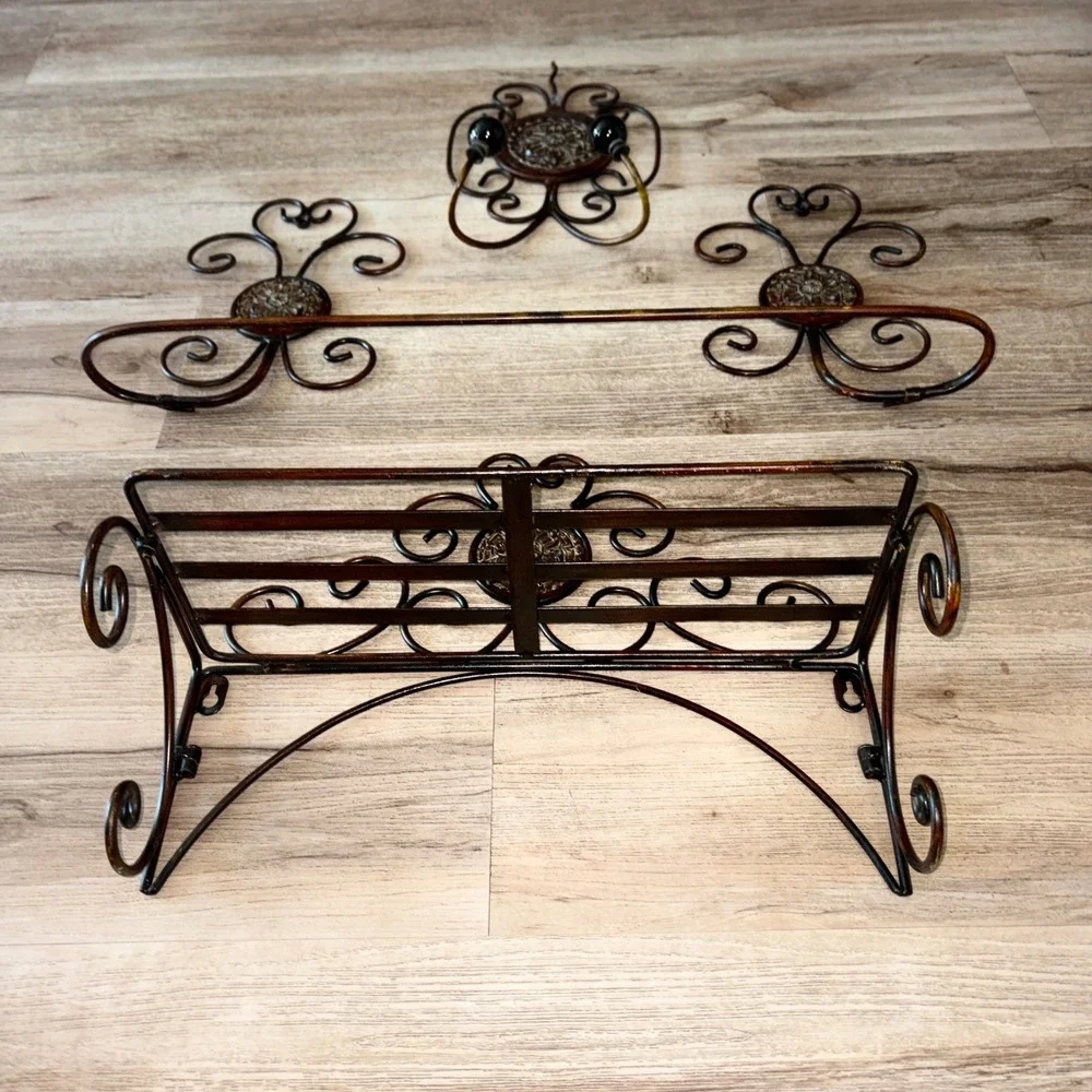 3pc Bronze Ornate Wrought Iron Bath Wall Decor Set Towel Bar Double Hook Shelf